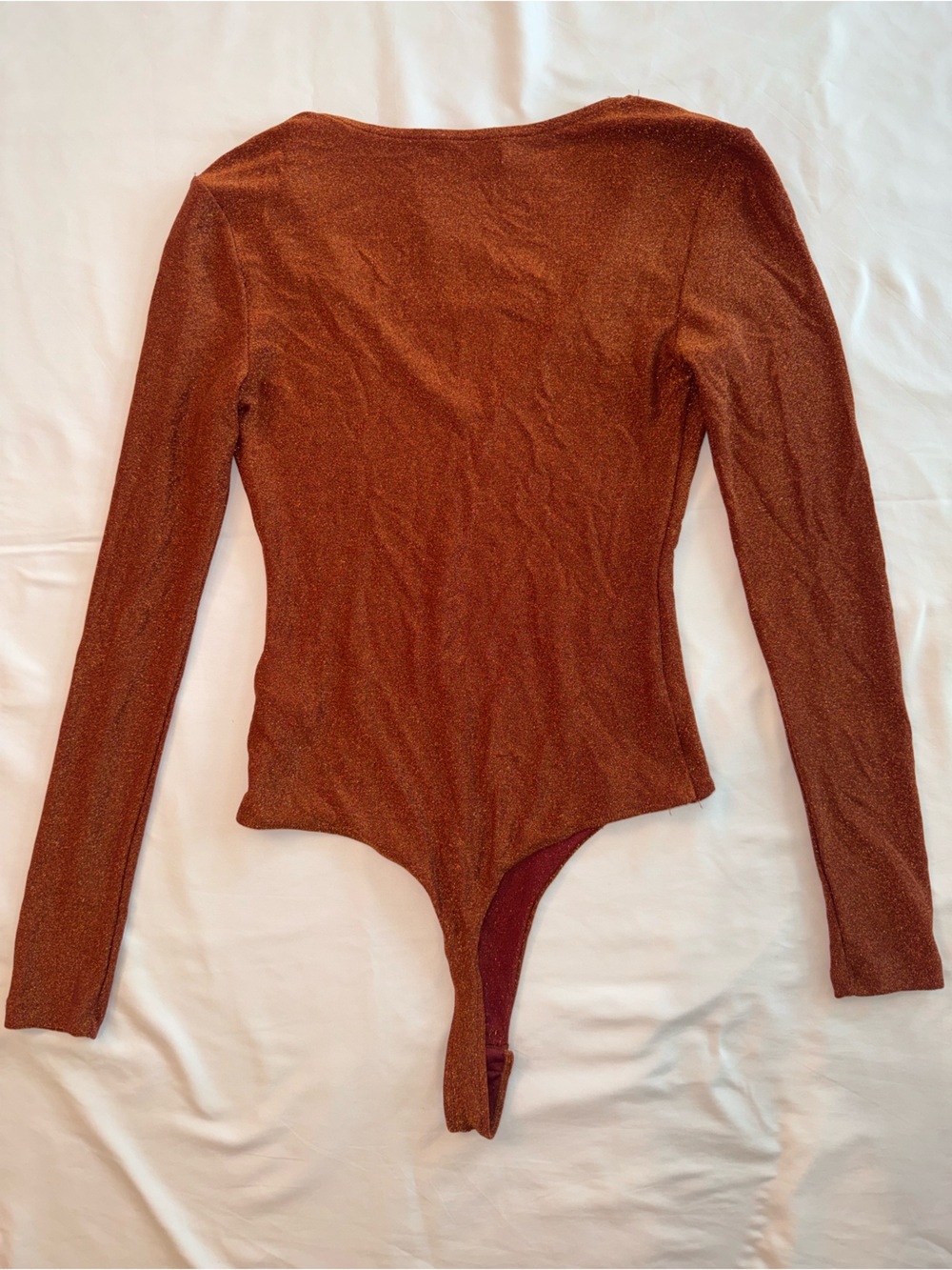 Elodie Copper Metallic Shimmer Long Sleeve V-Neck Thong Bodysuit Size M - Picture 5 of 5